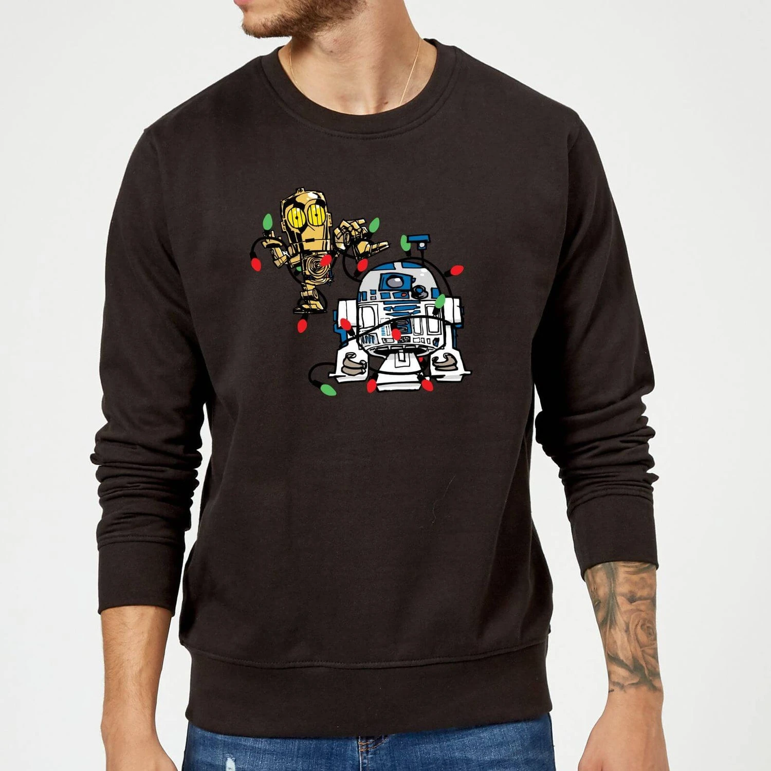 Star Wars Tangled Fairy Lights Droids Black Christmas Jumper 3 Star Wars Tangled Fairy Lights Droids Black Christmas Jumper