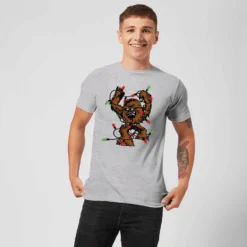 Star Wars Christmas Chewbacca Tangled Fairy Lights Grey T-Shirt -Christmas Clothes Store 11602353 1324626648175890