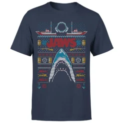 Jaws Fairisle Men's Christmas T-Shirt - Navy