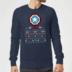 Marvel Avengers Captain America Pixel Art Christmas Jumper - Navy