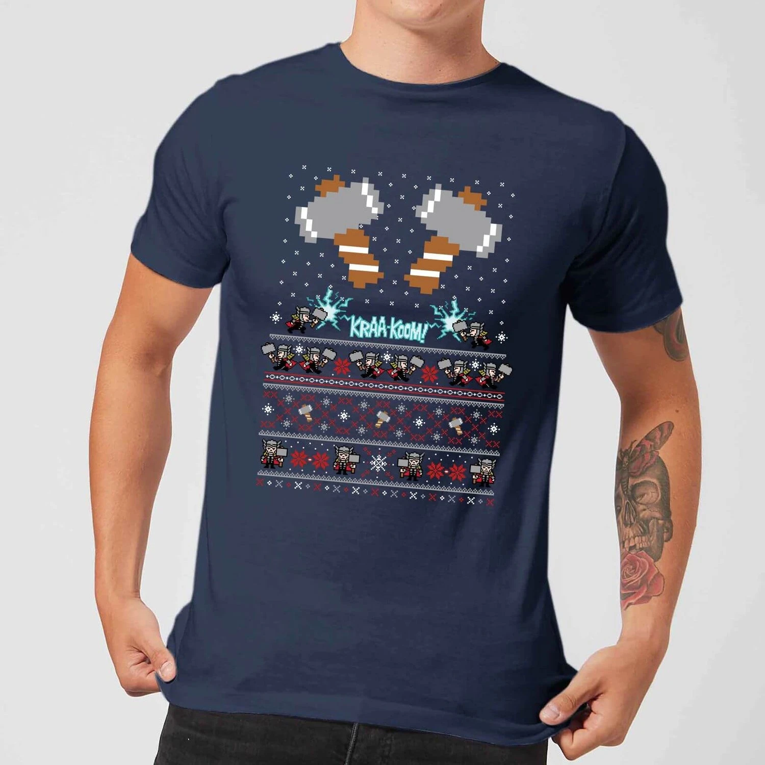 Marvel Avengers Thor Pixel Art Men's Christmas T-Shirt - Navy 3 Marvel Avengers Thor Pixel Art Men's Christmas T-Shirt - Navy