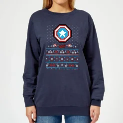 Marvel Avengers Captain America Pixel Art Women's Christmas Jumper - Navy