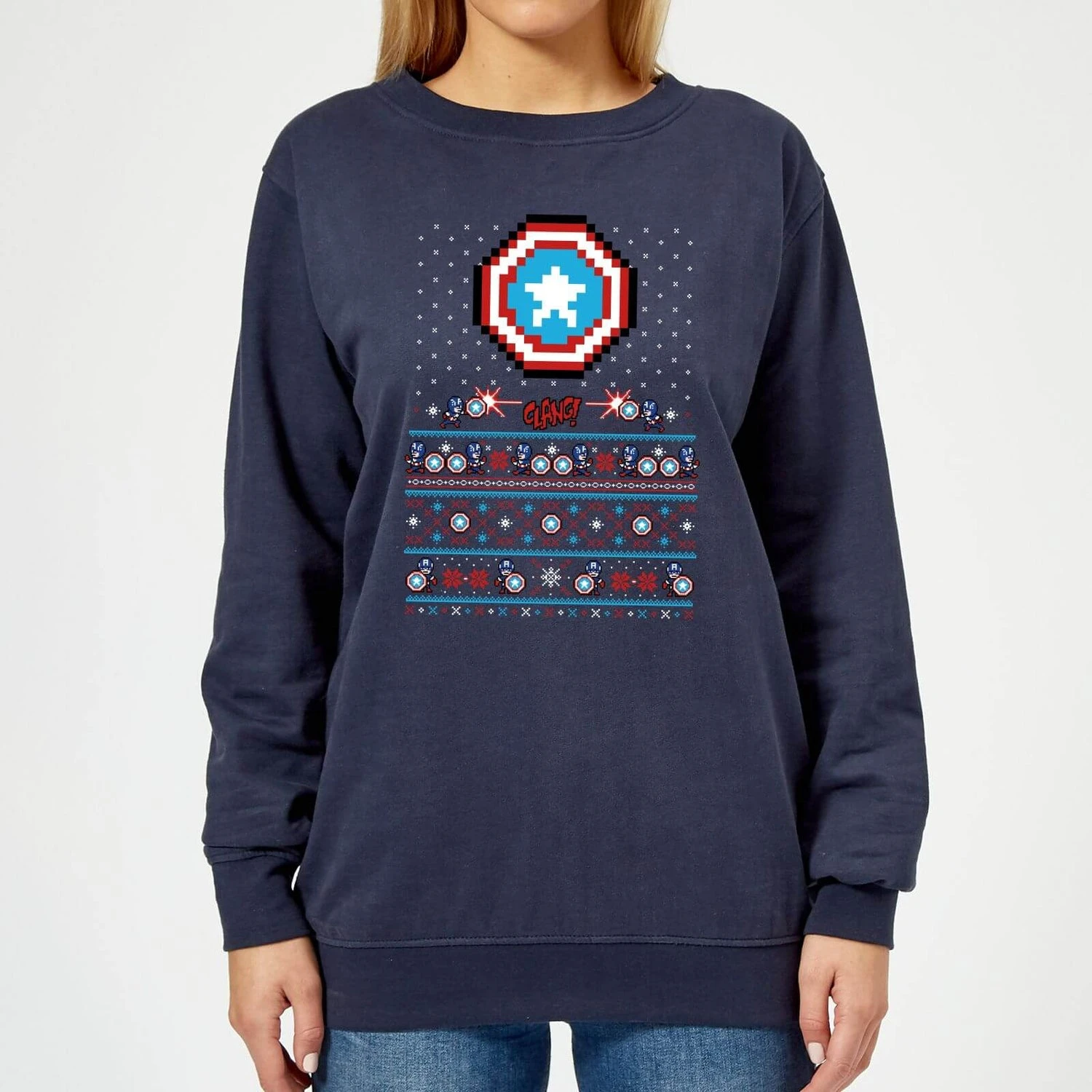 Marvel Avengers Captain America Pixel Art Women's Christmas Jumper - Navy 3 Marvel Avengers Captain America Pixel Art Women's Christmas Jumper - Navy