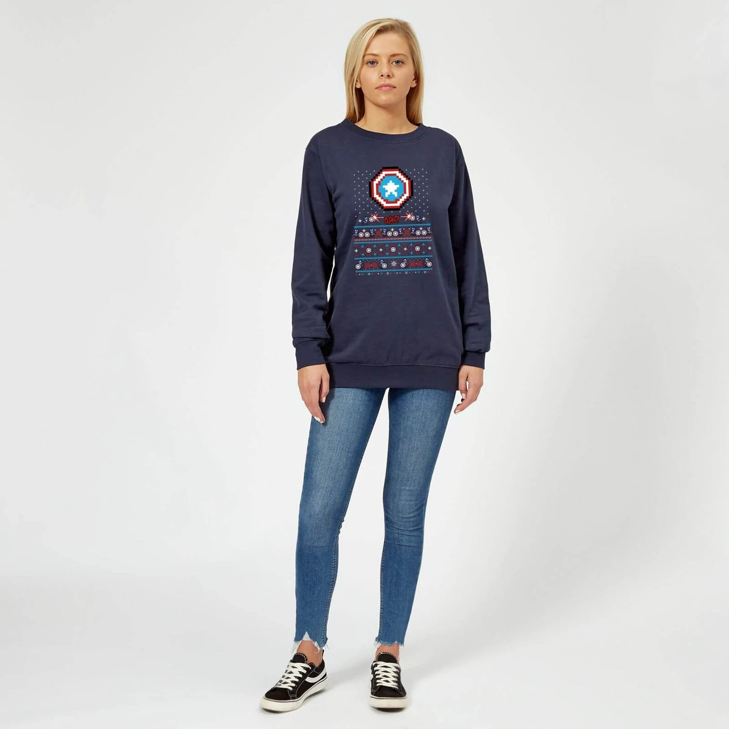 Marvel Avengers Captain America Pixel Art Women's Christmas Jumper - Navy 5 Marvel Avengers Captain America Pixel Art Women's Christmas Jumper - Navy - Image 3