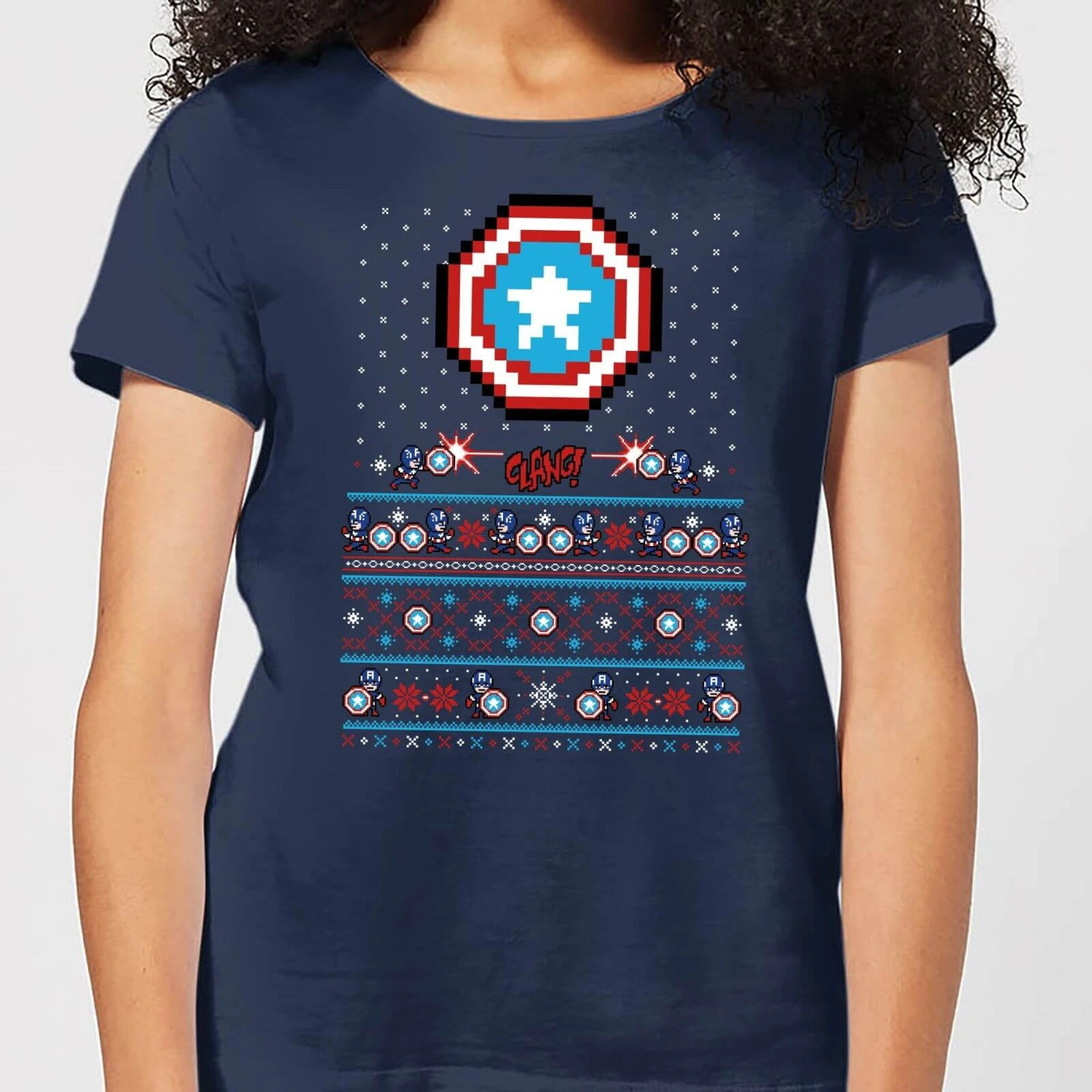 Marvel Avengers Captain America Pixel Art Women's Christmas T-Shirt - Navy 3 Marvel Avengers Captain America Pixel Art Women's Christmas T-Shirt - Navy