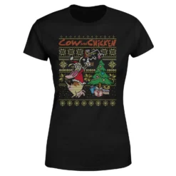 Cartoon Network Cow And Chicken Cow And Chicken Pattern Women's Christmas T-Shirt - Black -Christmas Clothes Store 11927723 6784624505434467