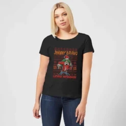 Cartoon Network Johnny Bravo Johnny Bravo Pattern Women's Christmas T-Shirt - Black -Christmas Clothes Store 11927733 6504624505692020