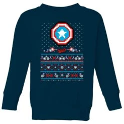 Marvel Avengers Captain America Pixel Art Kids Christmas Jumper - Navy
