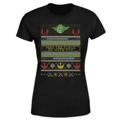 Star Wars May The Force Be With You Pattern Women's Christmas T-Shirt - Black -Christmas Clothes Store 11929695 1744624299060369