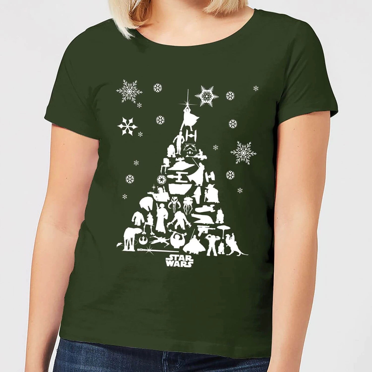 Star Wars Character Christmas Tree Women's Christmas T-Shirt - Forest Green 3 Star Wars Character Christmas Tree Women's Christmas T-Shirt - Forest Green