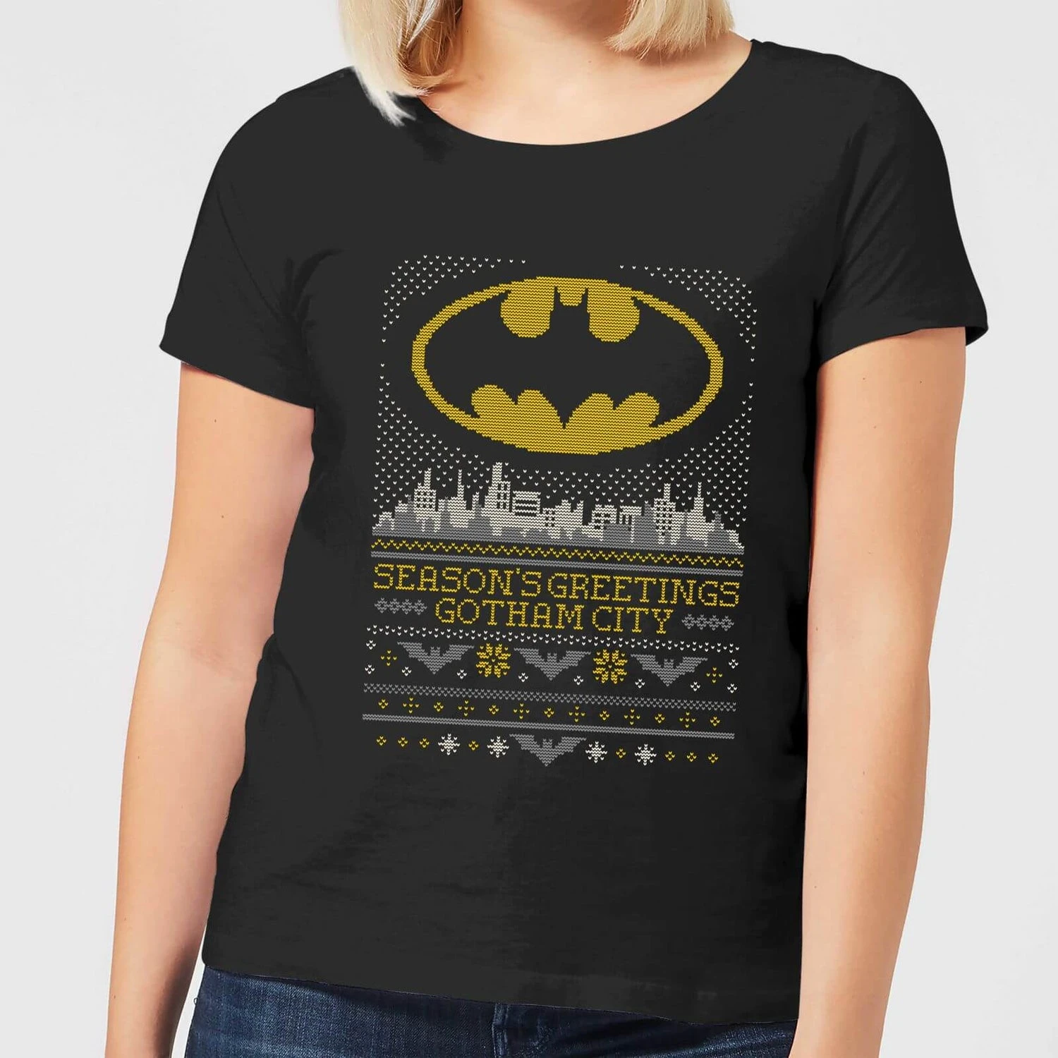 DC COMICS DC Seasons Greetings From Gotham Women's Christmas T-Shirt - Black 3 DC COMICS DC Seasons Greetings From Gotham Women's Christmas T-Shirt - Black