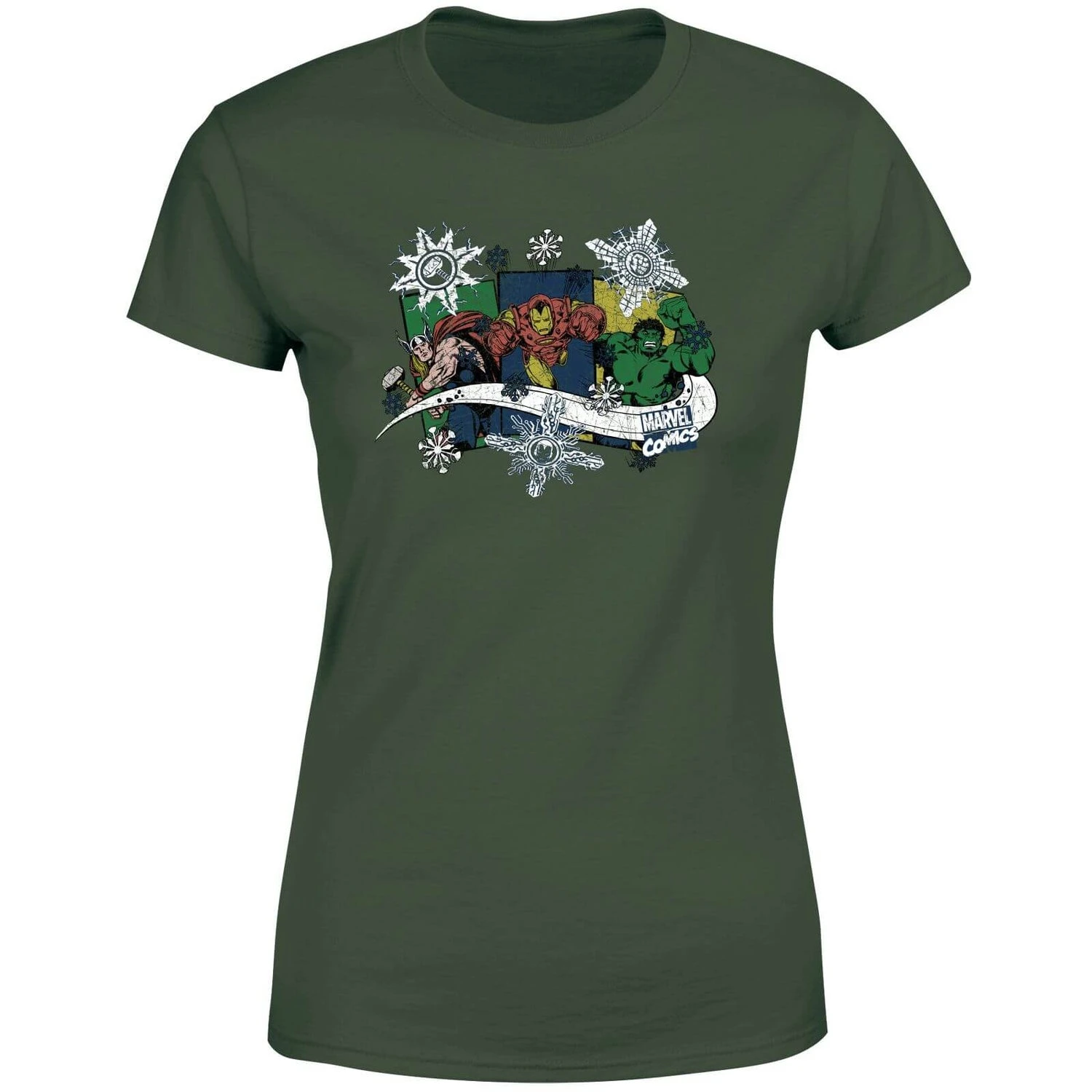 Marvel Thor Iron Man Hulk Snowflake Women's Christmas T-Shirt - Forest Green 7 Marvel Thor Iron Man Hulk Snowflake Women's Christmas T-Shirt - Forest Green - Image 5