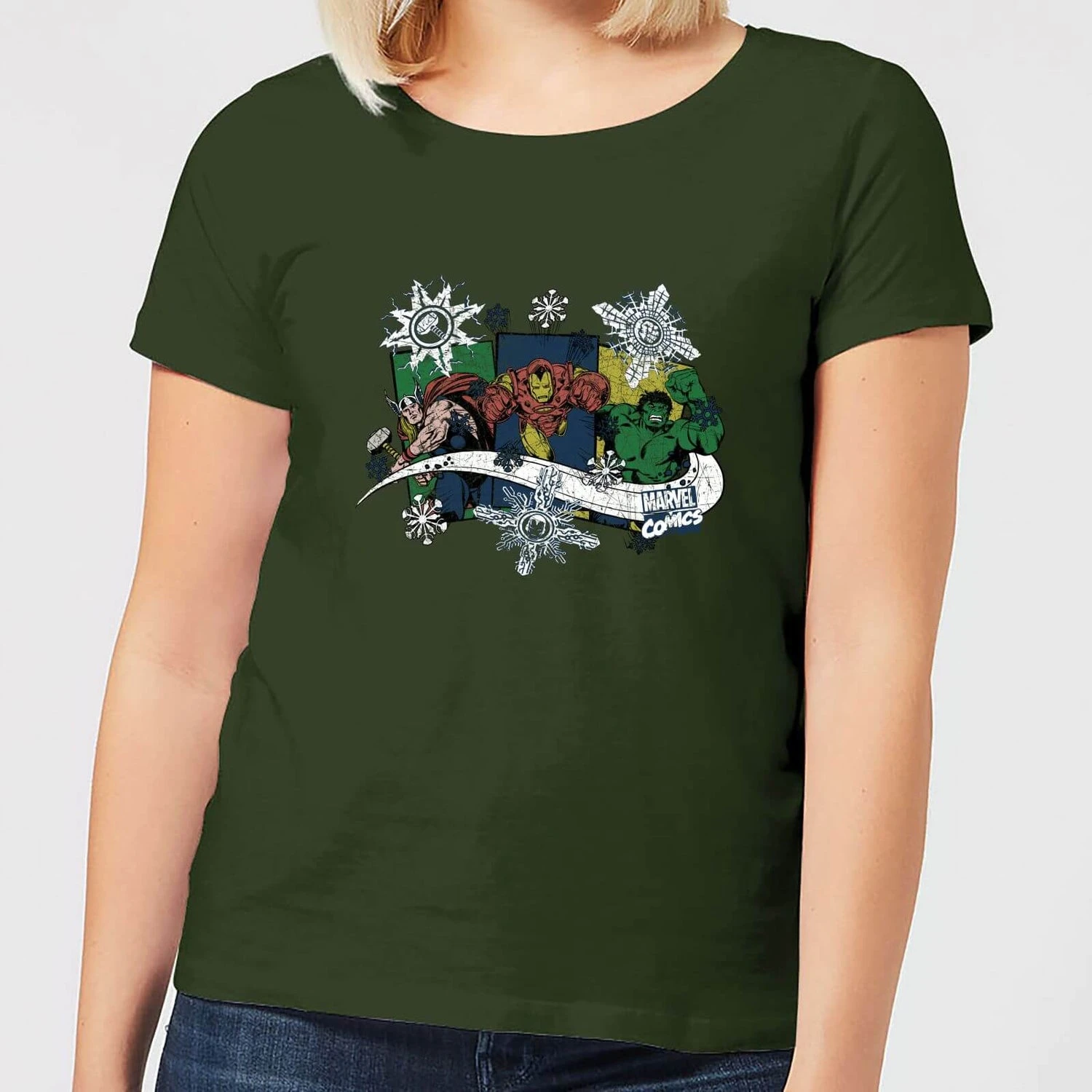 Marvel Thor Iron Man Hulk Snowflake Women's Christmas T-Shirt - Forest Green 3 Marvel Thor Iron Man Hulk Snowflake Women's Christmas T-Shirt - Forest Green
