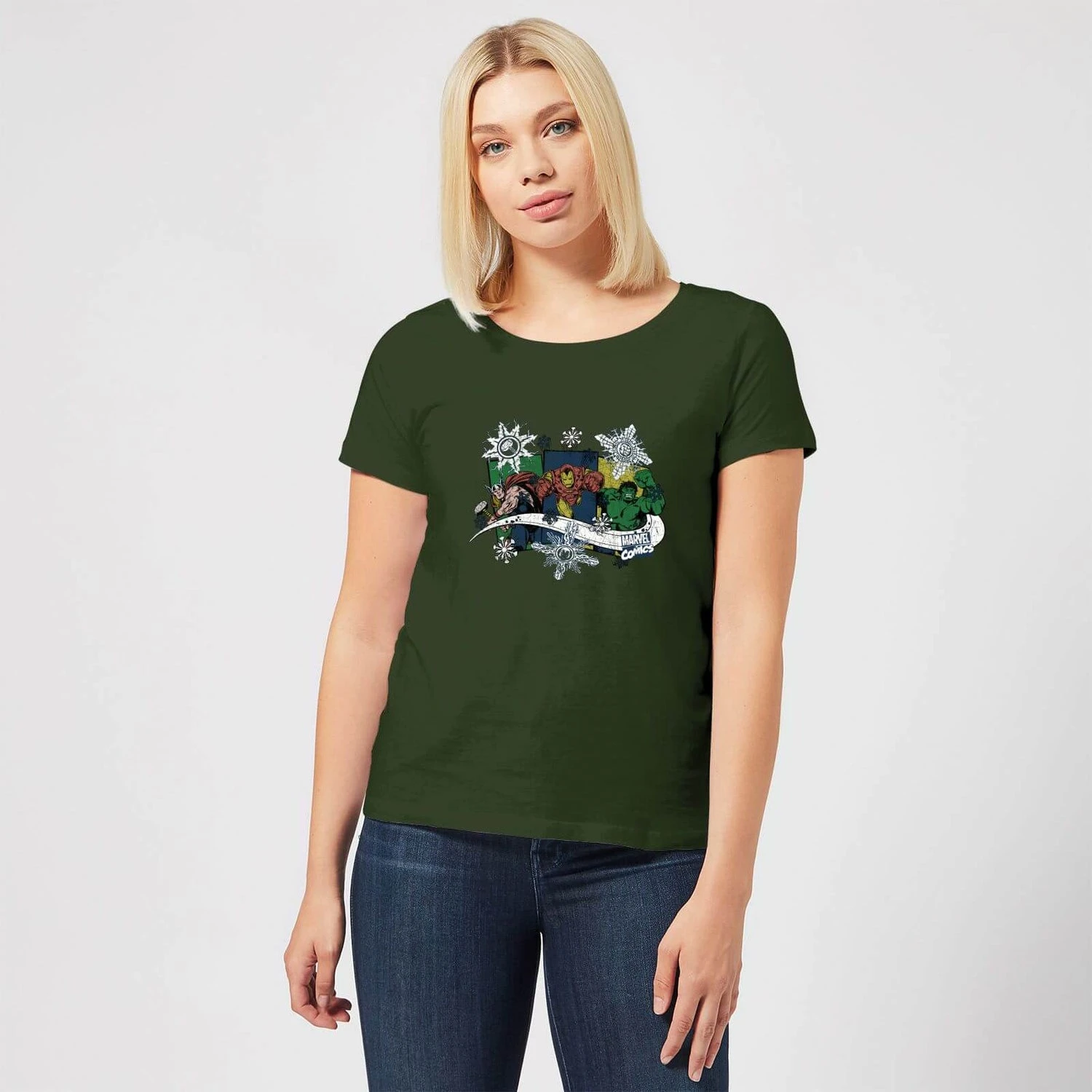 Marvel Thor Iron Man Hulk Snowflake Women's Christmas T-Shirt - Forest Green 5 Marvel Thor Iron Man Hulk Snowflake Women's Christmas T-Shirt - Forest Green - Image 3