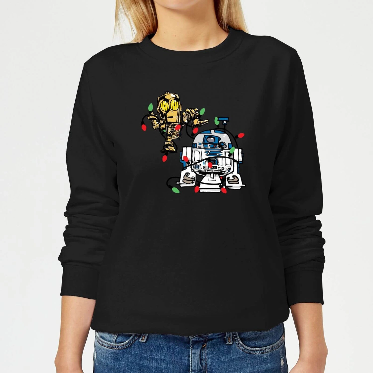Star Wars Tangled Fairy Lights Droids Women's Christmas Jumper - Black 3 Star Wars Tangled Fairy Lights Droids Women's Christmas Jumper - Black