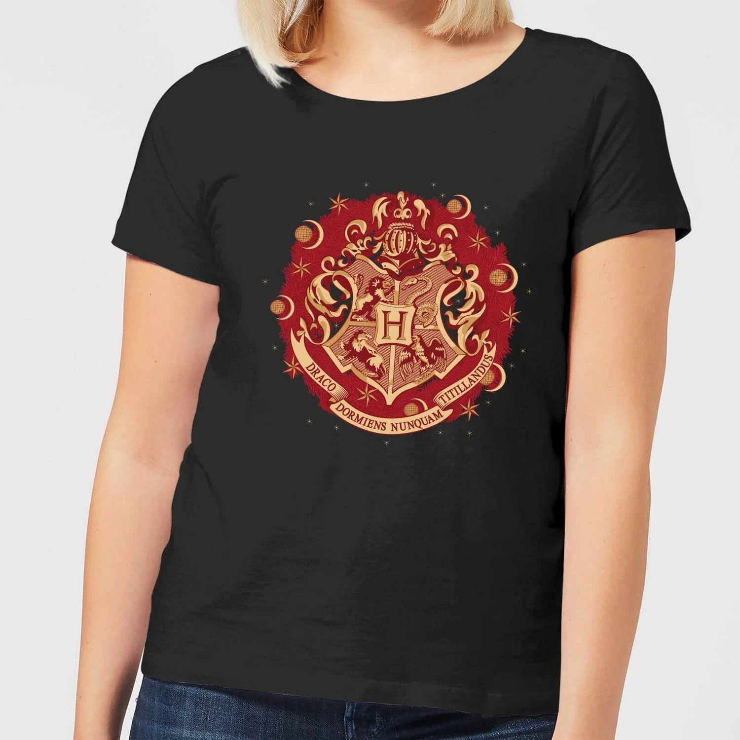 Harry Potter Hogwarts Christmas Crest Women's T-Shirt - Black 3 Harry Potter Hogwarts Christmas Crest Women's T-Shirt - Black