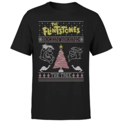 Flintstones Rockin Around The Tree Men's Christmas T-Shirt - Black -Christmas Clothes Store 12336798 8054714228250535