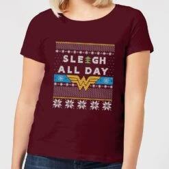 DC COMICS Wonder Woman 'Sleigh All Day Women's Christmas T-Shirt - Burgundy